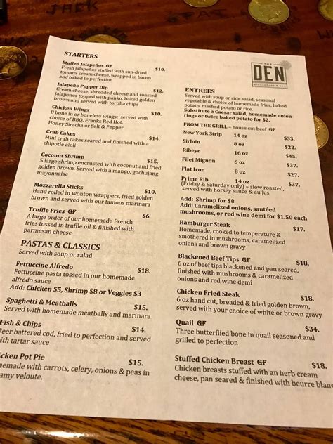 The den dillon menu - Delivery & Pickup Options - 71 reviews of The Den "If you like a more sour taste, you'll love their pizzas with sauerkraut on top! Also, they serve ranch dressing on the pizzas. Odd but interesting. Fun atmosphere. Very meat and potatoes place. Extremly popular with visitors and locals alike."